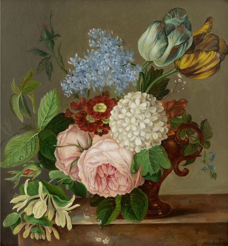 Johan van Hulstijn - Blumenstilleben mit Rosen, Tulpen, Primeln und anderen Blumen, Öl auf Holz 29.3 x 26.9 cm, Unterzeichnet u.r.