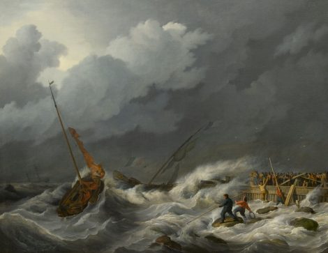 Johannes Hermanus Koekkoek - Segelboote vor dem Hafen in einem schweren Sturm, Öl auf Leinwand 97,2 x 123,3 cm, ca. 1810