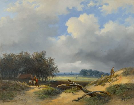 François Auguste Ortmans - Tallandschaft mit Jäger und Bauer, Öl auf Holz 23,4 x 29,4 cm, Unterzeichnet u.l.und datiert '46