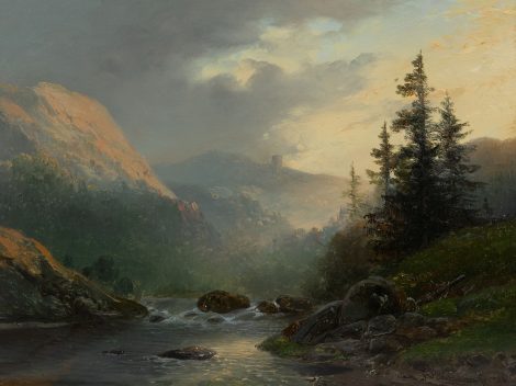 Hendrikus van de Sande Bakhuyzen - Wilde Berglandschap mit Burgruine, Öl auf Holz 22,8 x 30,4 cm, Unterzeichnet u.r.und datiert '48