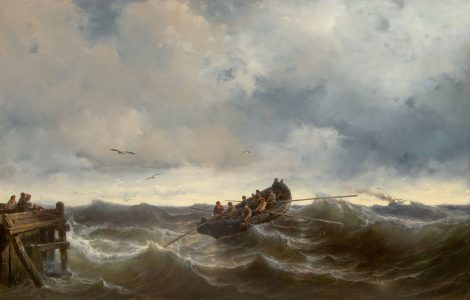 Louis Meijer - Auslaufendes Rettungsboot, Öl auf Holz 85,0 x 130,5 cm, Unterzeichnet u.r.und datiert 1857