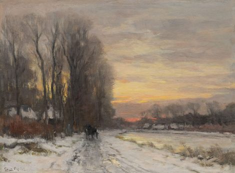 Louis Apol - Schneelandschaft bei Sonnenuntergang, Öl auf Leinwand 31,5 x 42,4 cm, Unterzeichnet u.l.