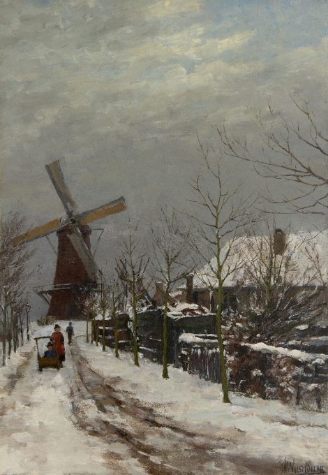 Jan Hillebrand Wijsmuller - Kinder im Schnee bei einer Windmühle, Öl auf Leinwand 57,3 x 41,0 cm cm, Unterzeichnet u.r.