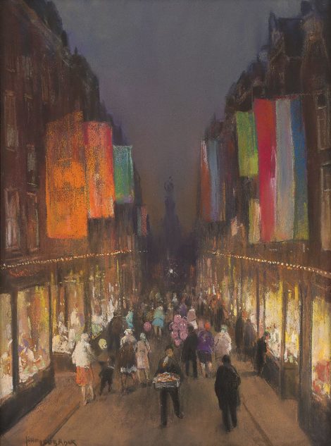 Herman Heijenbrock - Die Kalverstraat mit Fahnen, am Abend, Pastell auf Papier 61,0 x 39,3 cm, Unterzeichnet u.l.und zu datieren um 1932