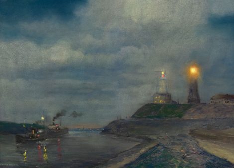 Herman Heijenbrock - Hafenmïndung von IJmuiden am Abend mit Leuchtturm und Semaphor, Pastell auf Papier 64,5 x 86,5 cm, Unterzeichnet u.l.