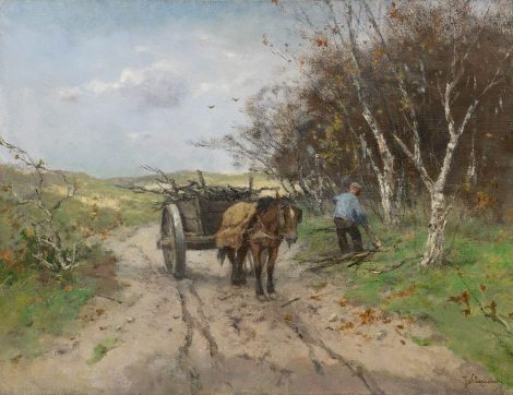 Johan Frederik Cornelis Scherrewitz - Holzsammeln mit einem Pferdewagen in einer Dünenlandschaft, Öl auf Leinwand 50,.0 x 65.5 cm, Unterzeichnet u.r.