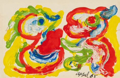 Karel Appel - Postkarte an Simon Vinkenoog, Gouache auf Papier 10,0 x 16,0 cm, Unterzeichnet u.r.und datiert '65