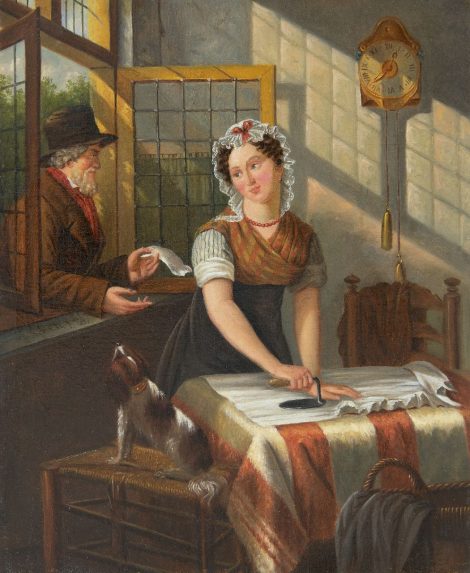 Jan Braet von Uberfeldt - Der Liebesbrief, Öl auf Leinwand 32,8 x 27,5 cm, Unterzeichnet M.l. Initialen und mit vollem Namen auf Keilrahmenund datiert 1852