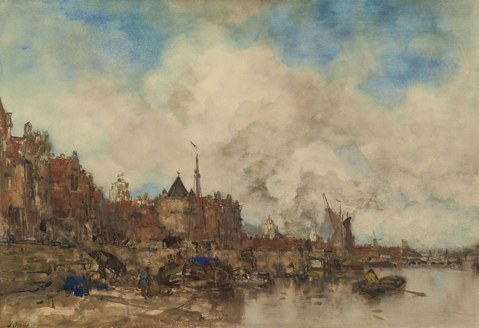 Jacob Maris - Fantasieaussicht auf Amsterdam, Aquarell auf Papier 64,0 x 91,0 cm, Unterzeichnet l.u.und zu datieren um 1885