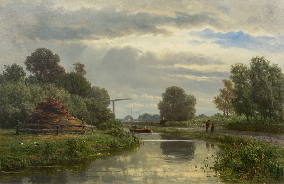 Jan Willem van Borselen - Schlepper mit Frachtschiff in einer holländischen Polderlandschaft, Öl auf Leinwand 65,3 x 100,2 cm, Unterzeichnet u.r.und datiert 1872