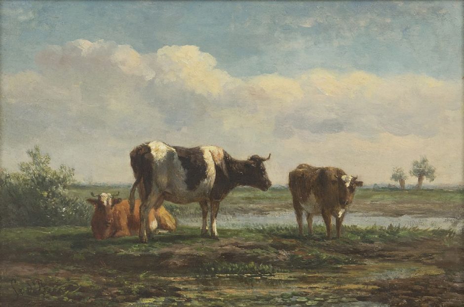 Simon van den Berg - Polderlandschaft mit ruhendem Vieh, Öl auf Holz 17,6 x 26,0 cm, Unterzeichnet u.l.