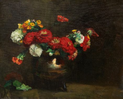 Floris Arntzenius - Zinnien in einer Kupfervase, Öl auf Leinwand 43,0 x 50,4 cm, Unterzeichnet u.m.