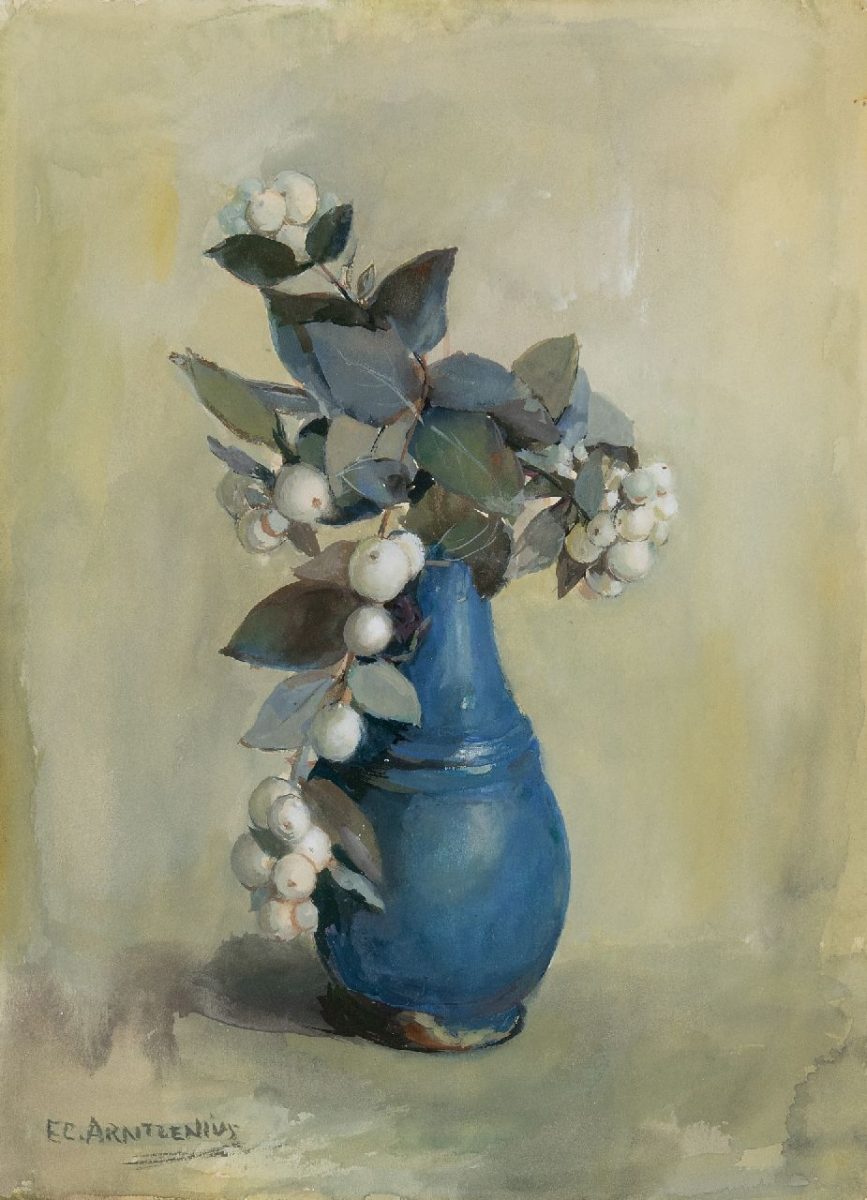 Elise Arntzenius - Schneebeeren in blauer Vase, Gouache auf Papier 36,8 x 27,3 cm cm, Unterzeichnet u.l.