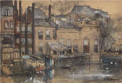 Floris Arntzenius - Blick auf die Rückseite des Binnenhofs, Den Haag, Schwarze Kreide und Aquarell auf Papier 11,6 x 16,6 cm, Unterzeichnet u.r.