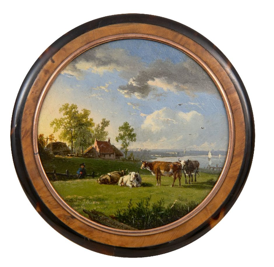 Barend Cornelis Koekkoek - Deckeldose bemalt mit Kühen in einer Flusslandschaft, Kupfer - (copper), Holz  cm, Unterzeichnet u.m.und datiert 1838
