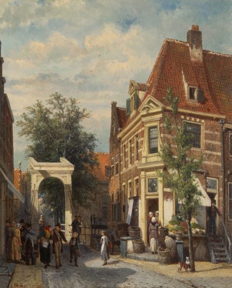 Cornelis Springer - Eine geschäftige Binnenveer in Weesp, Öl auf Holz 49,9 x 40,5 cm, Unterzeichnet u.l.und datiert 1877