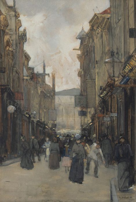 Floris Arntzenius - Belebte Spuistraat in Den Haag, Aquarell und Gouache auf Papier 50,1 x 33,9 cm, Unterzeichnet u.r.